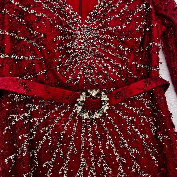 Vintage Beaded Red Gown Maxi Rhinestone Belted Dress 50 Whimsicore - Picture 5 of 14